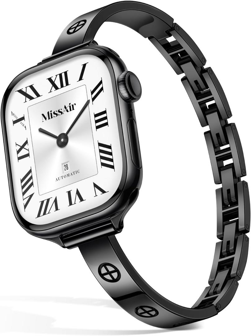 Missair Slim Bands Compatible with Apple Watch 42mm 44mm 45mm 46mm 49mm for Women, Thin Bracelet Dressy Designer Stainless Steel Metal Strap for iWatch Series 3 (Black)