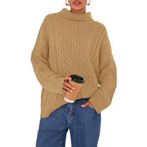 BTFBM Casual Women Fall Sweaters 2025 Long Sleeve Turtleneck Ribbed Knit Pullover Loose Cable Knit Sweater (Large, Light Camel)