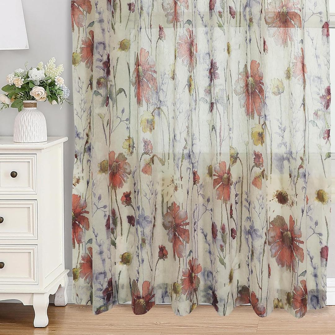 OWENIE Crushed Sheer Curtains 63 Inches Length 2 Panels Set, Sheer Floral Curtians with Printed Design, Printing Drapes on Sheers for Living Room, Rod Pocket Light Filtering Window Sheers 42" W x 63"L