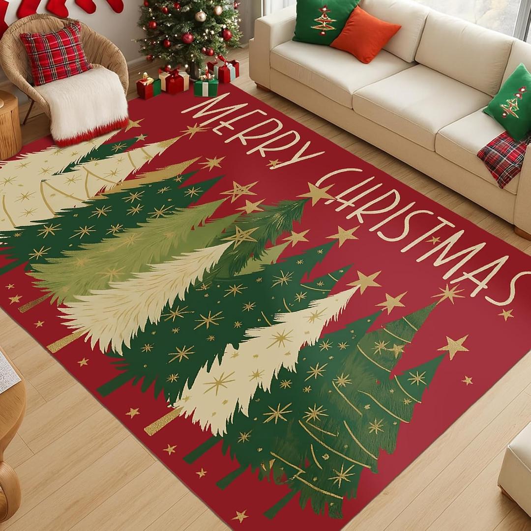 Breling Christmas Area Rug 4x6 Washable Rugs for Living Room Merry Christmas Print Indoor Carpet Non Slip Soft Low Pile Holiday Decor Carpet for Bedroom Kitchen Office Dining Room Decor