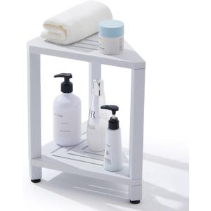 Corner Shower Stool with Storage Shelf, HDPS Waterproof Shower Foot Rest for Shaving Legs, 2-Tier Triangle Bathroom Stool for Inside Shower, Non-Slip Small Shower Bench, White