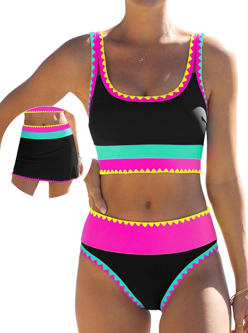 popvil High Waisted Bikini Sets for Women Tummy Control Swimsuits 3 Piece Bathing Suits Neon Swimwear with Skirt 2026 (Medium, Black)