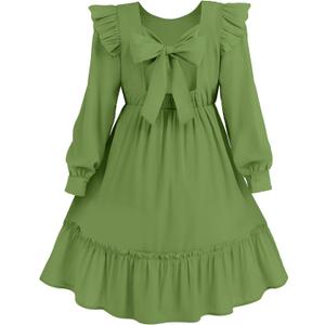 Cubear Girls Fall Dress Tie Back Long Sleeve Ruffle Square Neck A Line Swing Casual Dresses, 5-14 Years Old (9-10 Years)