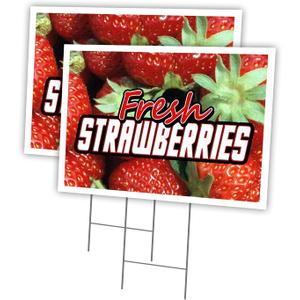 Fresh Strawberries 2 Pack of 18" x 24" Yard Sign & Stake Outdoor Plastic Window | Advertise Your Business | Stake Included Image On Both Sides | Made in The USA