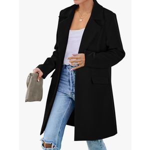 Women's 2026 Spring Fall Long Blazer Jackets Long Sleeve Lapel Pockets Loose Fit Work Casual Blazers Outerwear Black L