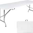 8 Foot Folding Table 8ft Foldable Portable Plastic Picnic Tables with Handle, Fold in Half Heavy Duty Long Large Utility Table, Indoor Outdoor 8' Fold up Card Tables for Party, Dining, White