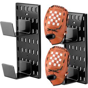 2 Pack Baseball Glove Wall Mount Holder with Pegboard Baseball Glove Stand No-drill Keeps Gloves Space Saving Sports Decor Display Rack Players Gift (Black)