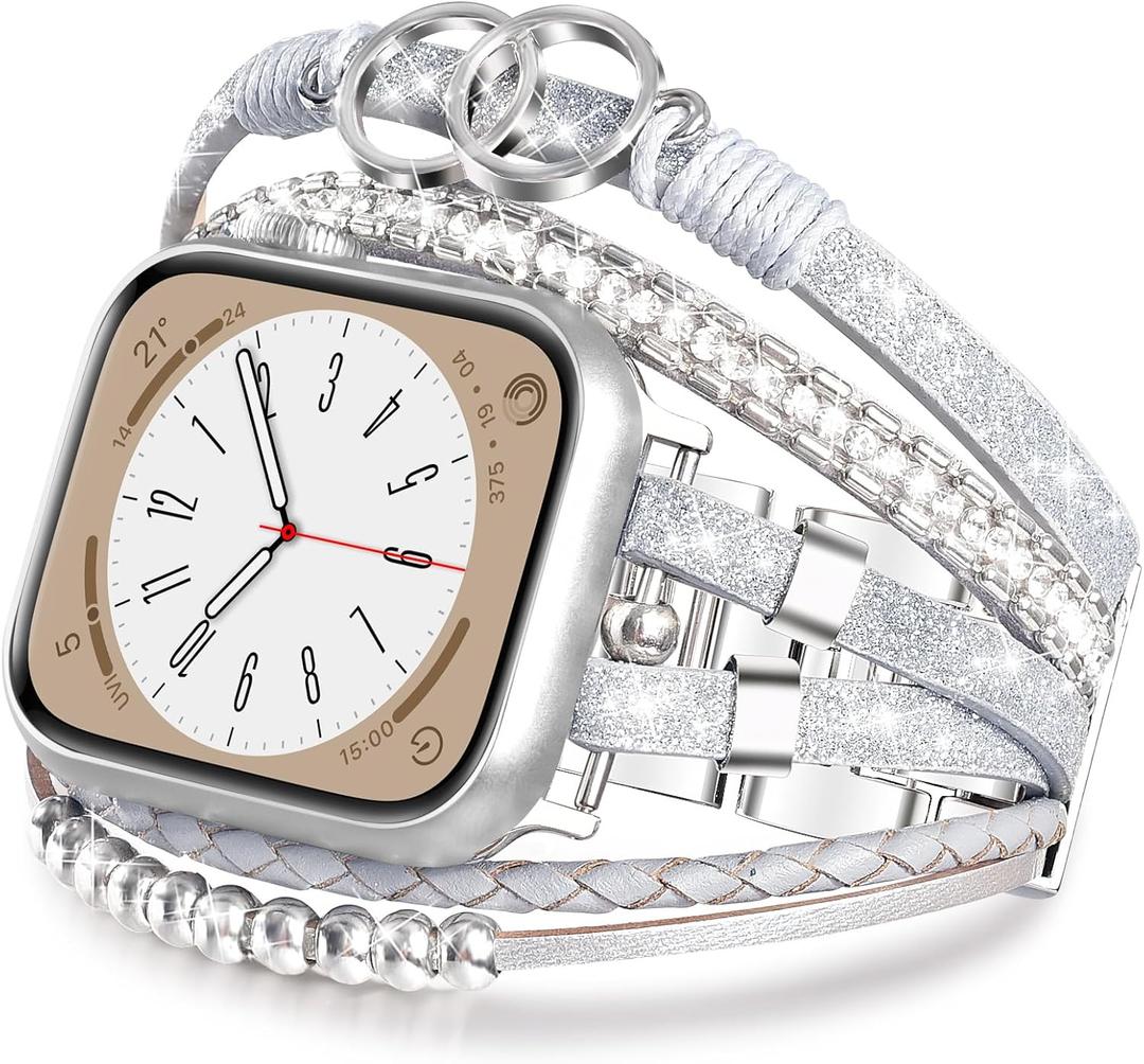 MOFREE Boho Leather Bracelet Compatible with Apple Watch Band 38mm 40mm 41mm Women, Adjustable iPhone Watch Bands Fancy Jewelry Multilayer Strap Wrap for iWatch Bands Series 10 9 8 7 6 5 4 3 2 1 SE (Silver/Grey)
