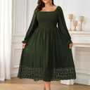 SHESTARR Women's Plus Size Maxi Dress Long Sleeve Square Neck Smocked Flowy A-Line Lace Trim Wedding Guest Dresses (Green, XXXL)