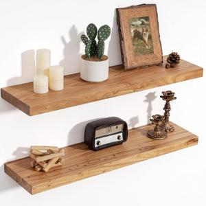 Floating Shelves for Wall Decor, 8" Deep Rustic Solid Elm Wood Floating Shelves Wall Mounted, Wall Shelves with Invisible Bracket for Living Room Bathroom Bedroom Kitchen, 30 Inch Set of 2, Natural