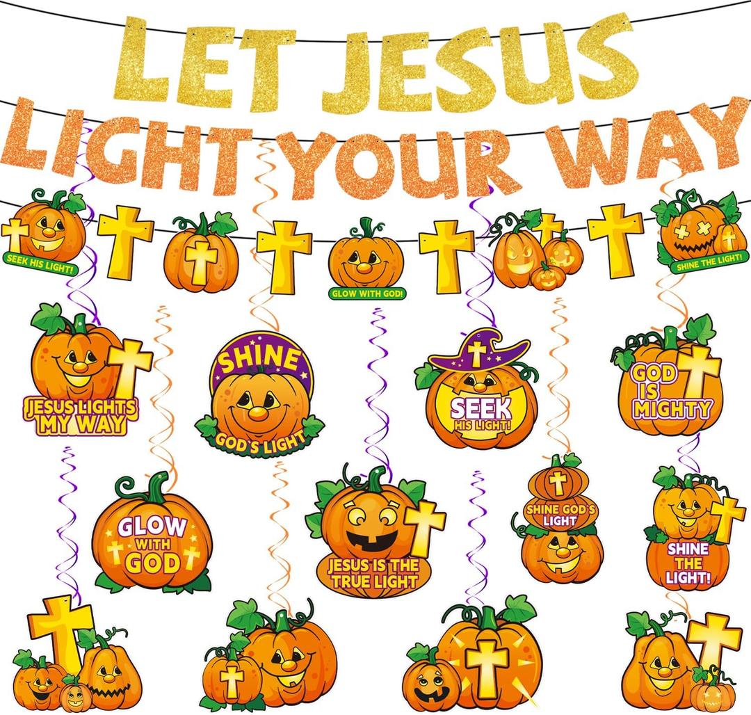 Let Jesus Light Your Way Banner and Christian Halloween Decorations Religious Pumpkin Hanging Swirls Jesus Cross Decorations for Halloween Banner Party Supplies Wall Hanging Decor