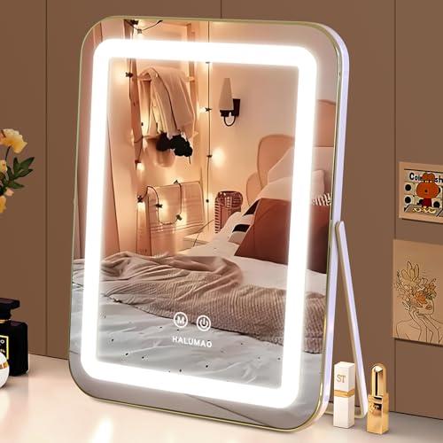 halumao Vanity Mirror with Lights, 14.5" Light Up Makeup Mirror, LED Makeup Mirror with Lights for Bedroom Tabletop, Smart Touch Control 3 Colors Dimmable, 360° Rotation