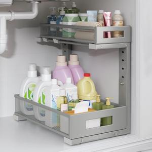 1 Pack-11.4"-16.14" H Under Sink Storage Organizer, Large 2-Tier Elegant Mesh Pull Out Shelf for Kitchen & Bathroom Cabinet Organization, L-Shaped, Adjustable Height-Gun Gray