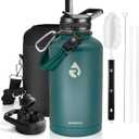 Insulated Water Bottle 64 oz, Triple Wall Vacuum Stainless Steel (Cold for 48 Hrs), Leak Proof & Non-BPA, Half Gallon Water Flask Jug with Paracord Handle & Straw Spout Lids, Dark Green