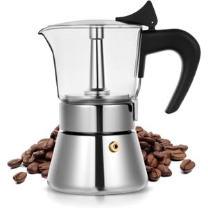 Induction Moka Pot, 4 Cups (7.1 oz) Crystal Glass-Top & Stainless Steel Moka Pot, Classic Stovetop Espresso Maker, Silver