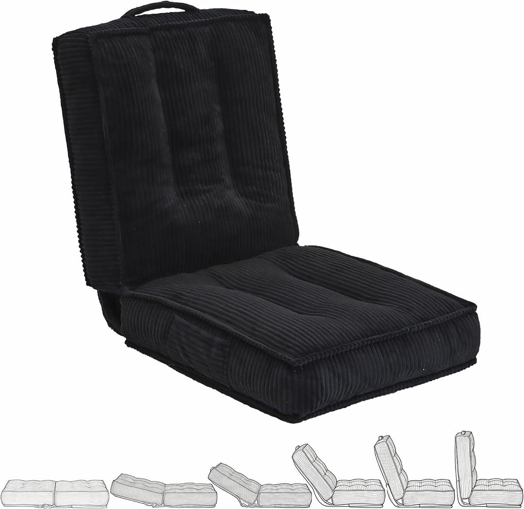 Folding Floor Tatami Chair with Back Support, 6-Position Adjustable, Black