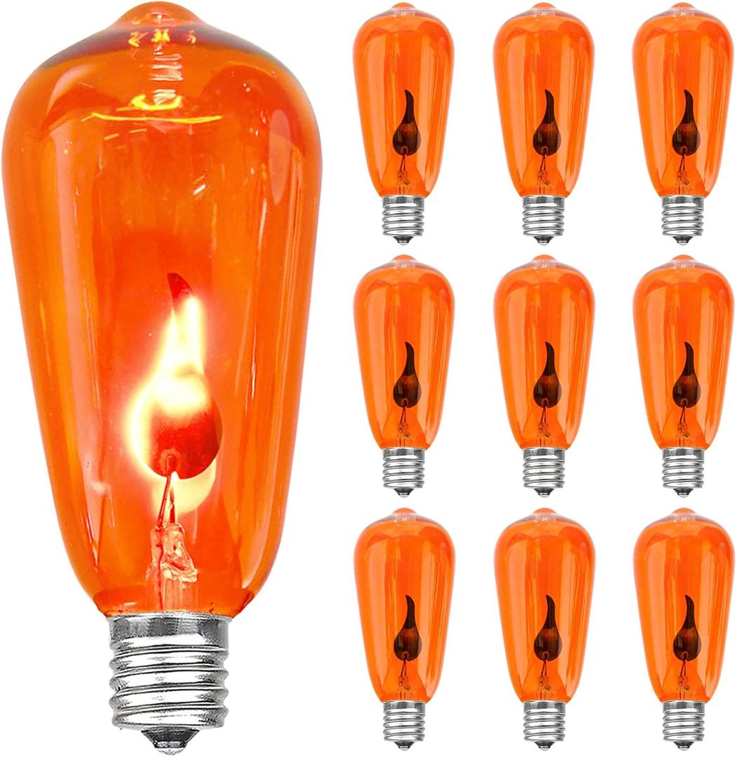 Halloween Flicker Flame Light Bulbs, ST40 Orange Replacement Bulbs, Edison Bulbs for Halloween Outdoor Patio Backyard String Lights, 1 Watt- E17 Intermediate Base, 10 Pack