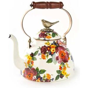 MACKENZIE-CHILDS Enamel Tea Kettle, Cute Kitchen Kettle for Stovetop, 3-Quart Capacity, White Flower Market with Bird Topper (White Flower Market)