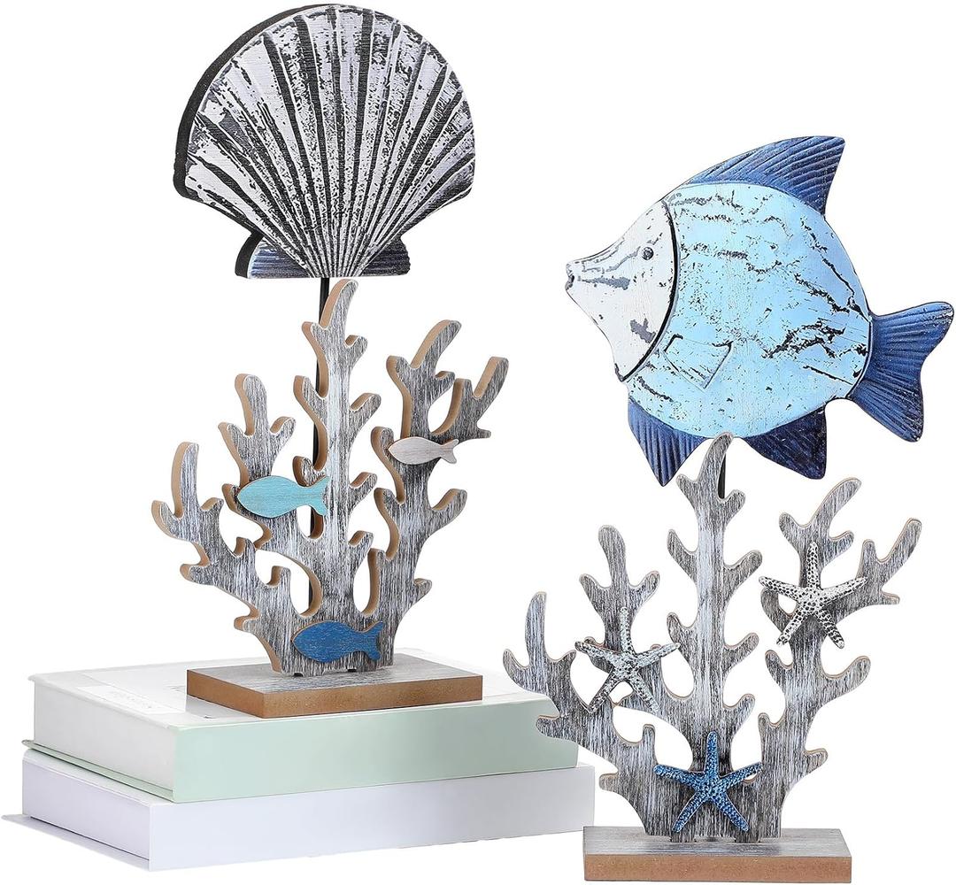 Novabright 2 Pcs Wooden Coral Fish Table Decor Summer Ocean Centerpieces for Tables Standing Coral Statue with 3D Starfish Seashell for Nautical Shelf Coastal Beach Home Decoration Marine Themed Gift