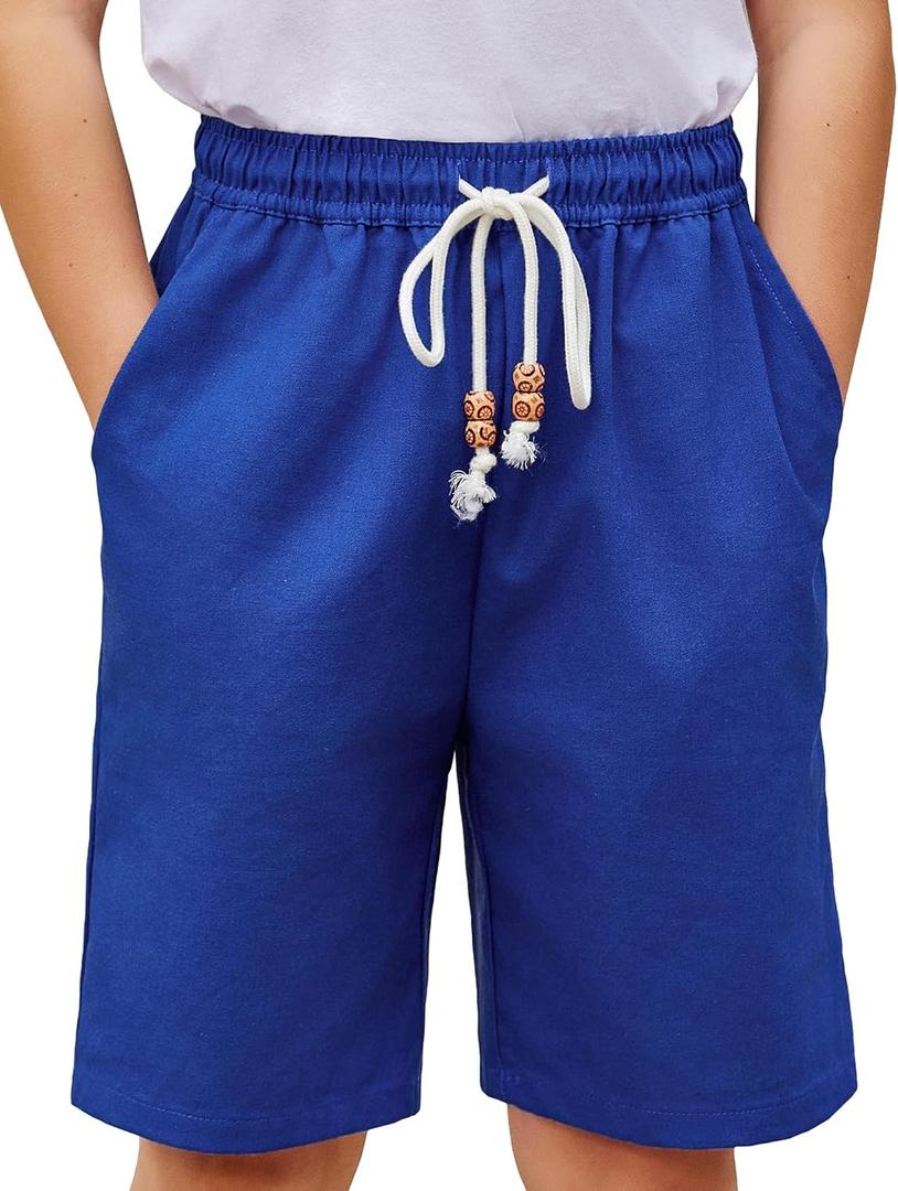 Arshiner Boys Cotton Linen Shorts Summer Beach Shorts Elastic Waist Drawstring Short with Pockets Size 6-18 (Blue)