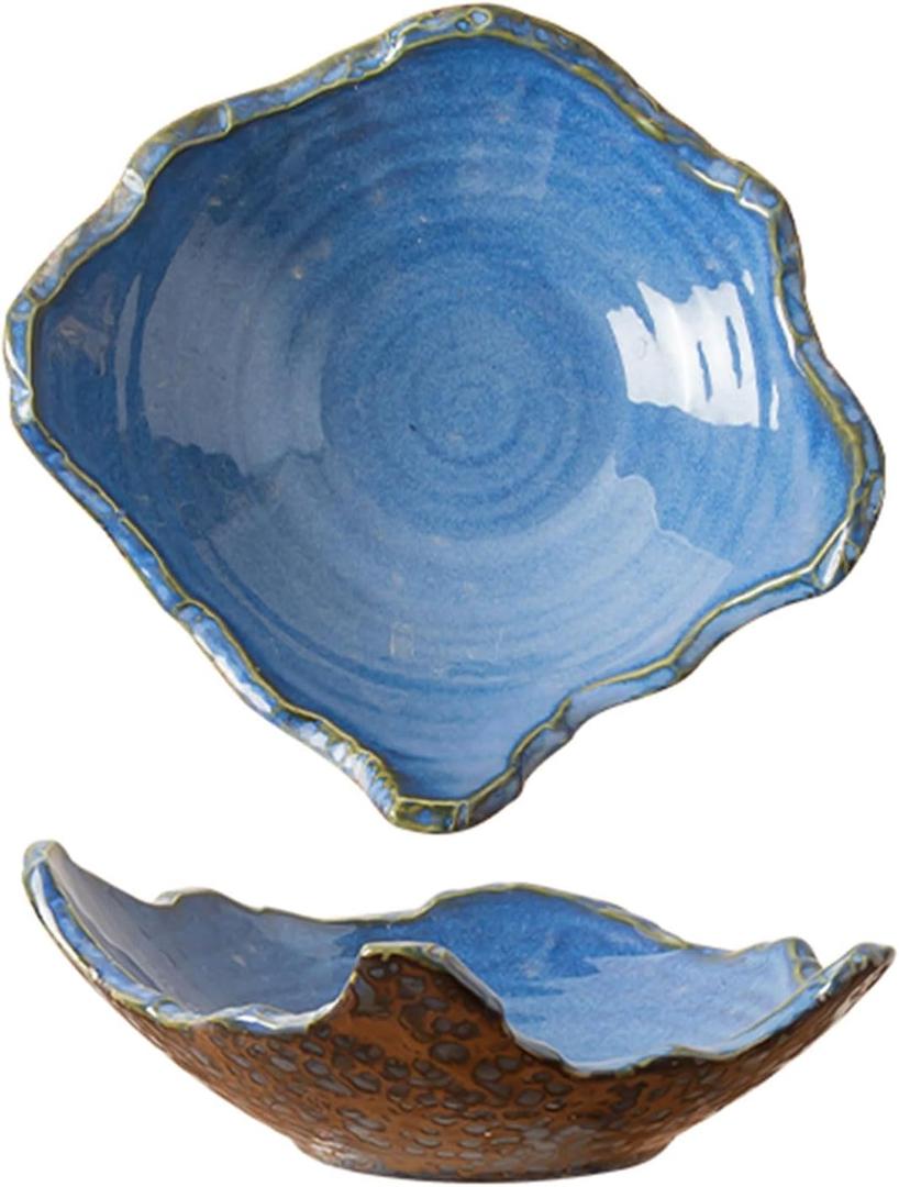 8" Small Ceramic Decorative Bowl 1 Pice Irregular Rim Reactive Glaze Candy Bowl, Berry Bowl, Entryway Catchall, Japanese Style Fruit Dish for Tabletop or Home Decor (Blue)