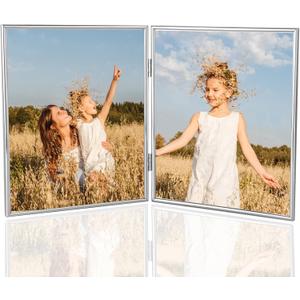 HIKWADERY 8x10 Picture Frame Double Hinged Folding, Elegant Thin Edge Metal Real Glass 8 by 10 Photo Frames, for Desktop and Wall Display, Holiday Gift Home Decorative (8 x 10, Silver)