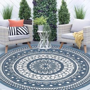 Cekene Round Outdoor Patio Rugs 8Ft Waterproof Reversible Outdoor Rugs with Carry Bags Lightweight Plastic Straw Rugs Portable RV Camping Mat Blue Floor Carpet for Deck Porch Picnic BBQ