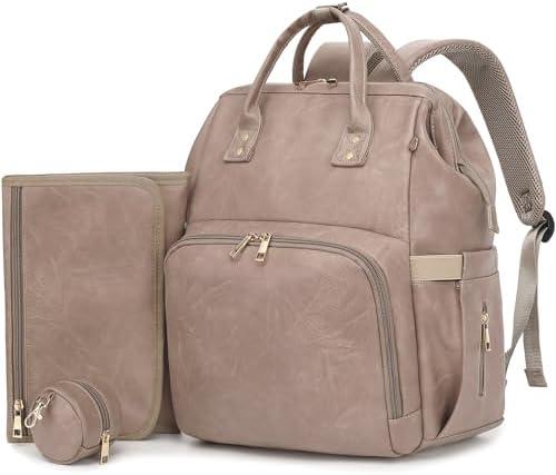 ROSEGIN Premium Vegan Leather Diaper Bag Backpack with Waterproof Changing Pad – Reinforced Stitching & Zippers, Baby Bag for Boy Girl, Stroller Straps, Ergonomic Design for Traveling Moms, Taupe