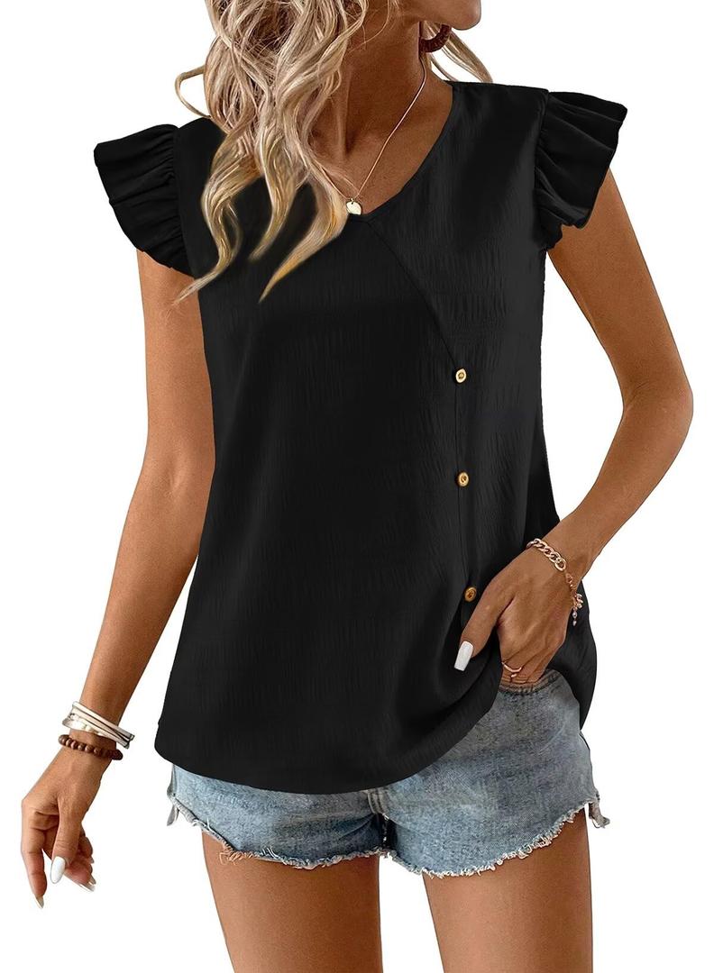 Falechay Plus Size Tops For Women Womens Blouses Casual Summer Cute Blouses Babydoll Boho Top Fashion Going Out Clothing Trendy Short Ruffle Butterfly Sleeves Flowy Peasant Button Shirt Black XL (Black, XL)