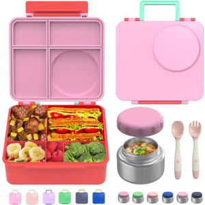 Bento Box for Kids - Leak-Proof Bento Lunch Box with Insulated Thermos Food Jar - 4 Compartments, 1 Removable Divider, 1Spoon, 1 Fork - Dishwasher Safe, BPA-Free (Pink)