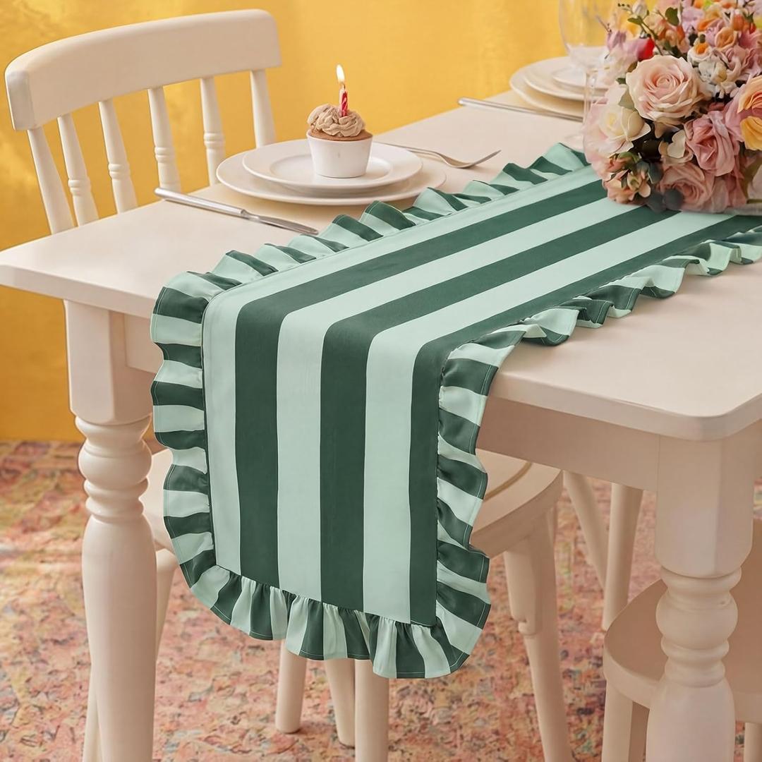 HunnmingRe Ruffle Edge Striped Table Runner 72 x 15.7 Inch Scalloped Table Cover Farmhouse Linen-Cotton Blend Fabric Tabletop Decor for Home Kitchen Dinner Wedding Bridal Shower Party (Forest Green & Mint Green)