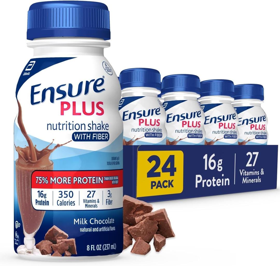 Ensure Plus Milk Chocolate Nutrition Shake With Fiber | Meal Replacement Shake | Ready to Drink | 16g Protein and 27 Vitamins and Minerals | 8 fl oz - 24 Pack, BB Date: 01/10/25