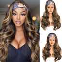 Colorful Queen Honey Blonde Highlight Headband Wig Ombre Brown Body Wave Headband Wigs for Black Women Brown Mix Blonde Colored Long Wavy Wig with Headband 26 Inch F4/27