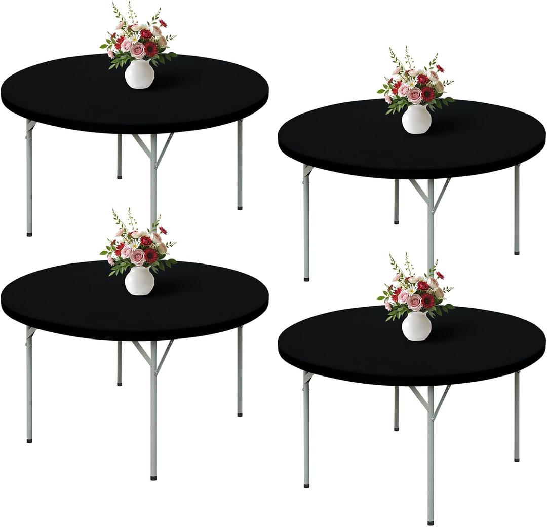 Wolkemer 4 Pack 5 Foot Black Fitted Tablecloth 60 Inch Round Elastic Edges Table Cloth, Spandex Stretch Table Cover with Machine Washable Fabric for Wedding Party Picnic Dining Indoor Outdoor