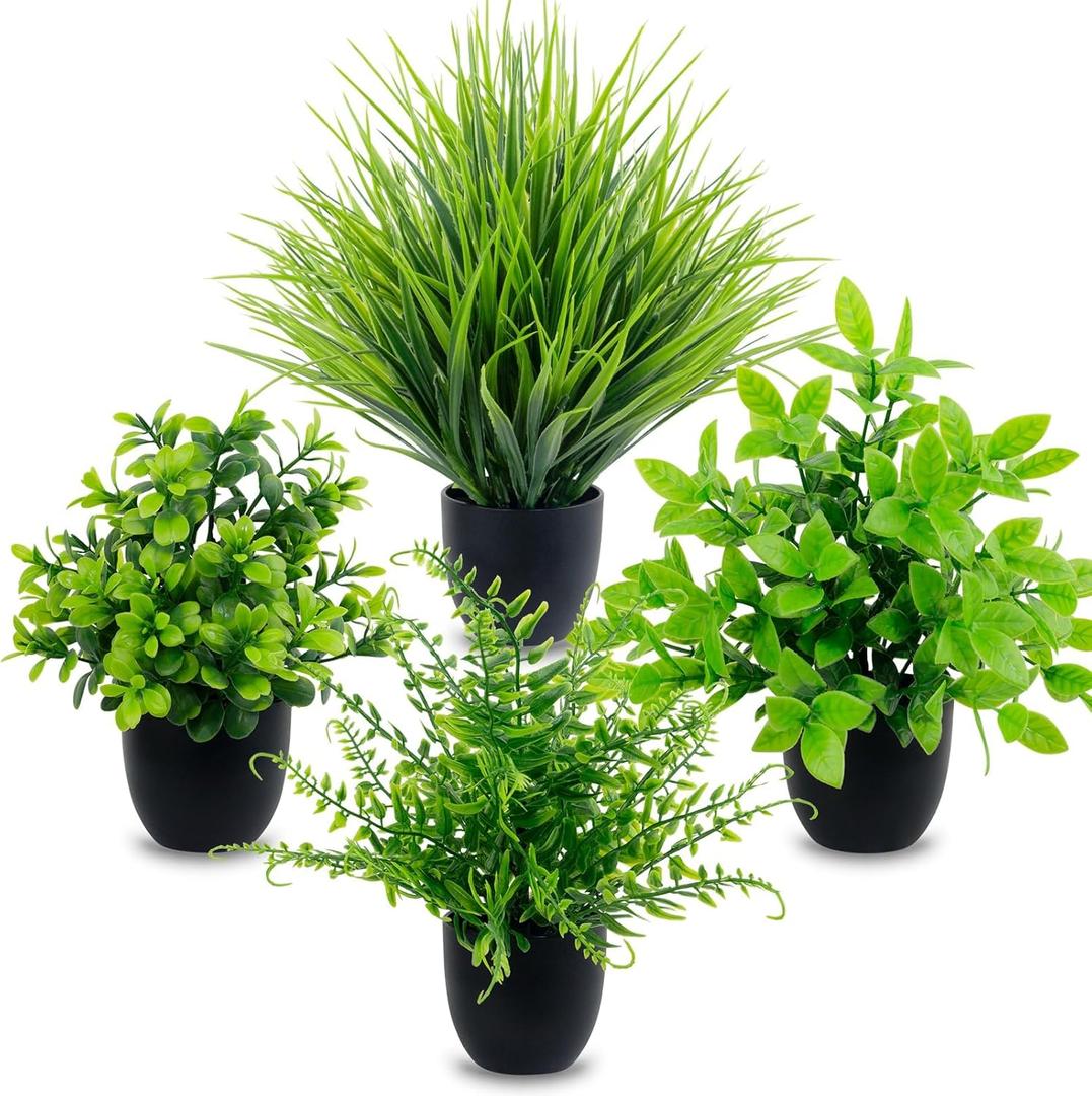 LOYWREE 4 Pack Artificial Plants Mini Fake Potted Plants Small Faux Greenery for Indoor Home Office Desk Table Shelf Farmhouse Bathroom Kitchen Coffee Table Laundry Room Decor