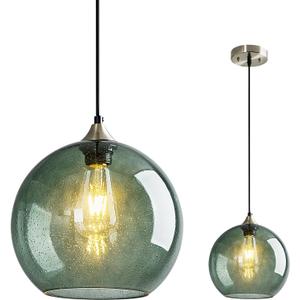 Gray Green Glass Pendant Lights Kitchen Island Lighting Globe Pendant Light Fixtures Modern Pendant Lighting for Kitchen Island Bedroom Living Dining Room Light Fixture(9.84in, 1-Pack)