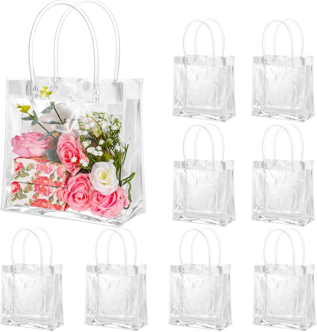 BESARME 20 Pack 8" x 8" x 3.15" Clear Gift Bags with Handle, Large Plastic Bag Gift Wrap Tote Bag Reusable Clear Bags for Gifts Wedding Valentine's Day Party Favors