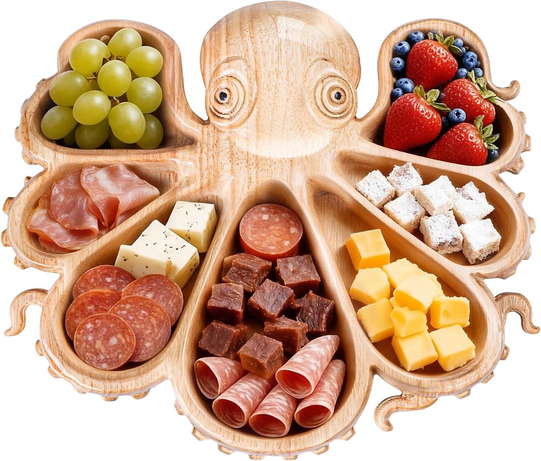 Oak Wood Large Octopus Charcuterie Board, Food Tray for Meats, Fruits, Snacks, Candy, Reusable Kitchen Party Hosting Serving Tray Cheese Bread Board, Ideal Gift for Seafood Lovers
