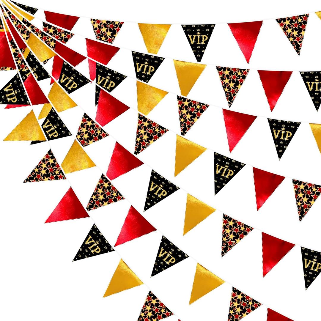 32Ft Hollywood Theme Party Decorations Red Black Gold VIP Star Triangle Flag Fabric Banner Pennant Garland Streamer for Movie Night Birthday Baby Shower Film Show Music Award Party Decor Supplies