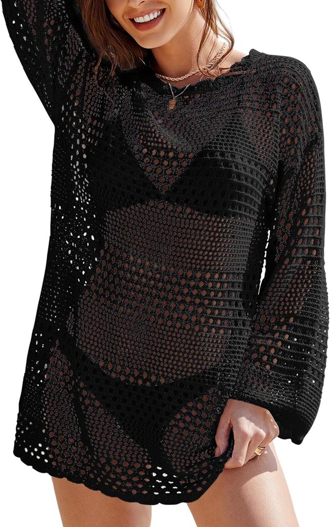 Buauty Womens Swimsuit Coverup Crochet Swim Cover Ups Bikini Bathing Suits Swimwear 2025 Summer Beach Dress Vacation Outfits (Small, Black)