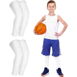 Runhit Kids Basketball Leg Sleeve Youth Long Compression Leg Sleeves Full Length UV Protection for Soccer Football (X-Large, 2 Pairs: White+white)