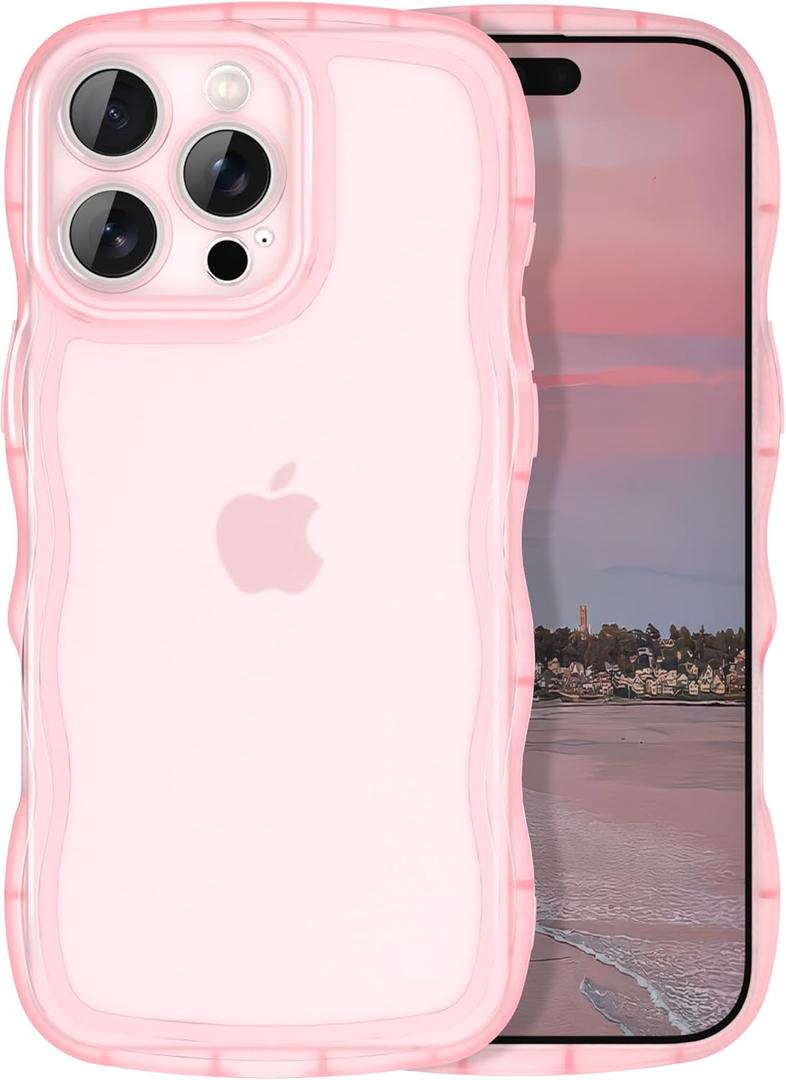 IAIYOXI Matte Case for iPhone 16 Pro Max, Cute Wave Frame Design Translucent Clear Back Phone Cover, [Full Camera Protection], Silicone Bumper Military Grade Protective for Women Girls, Pink