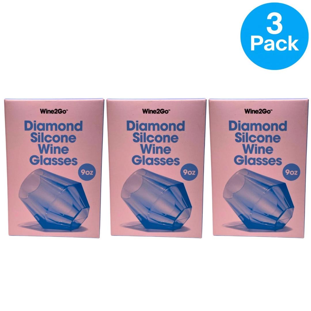 Wine2Go Diamond Silicone Wine Glasses 9oz 3 box/2pcs