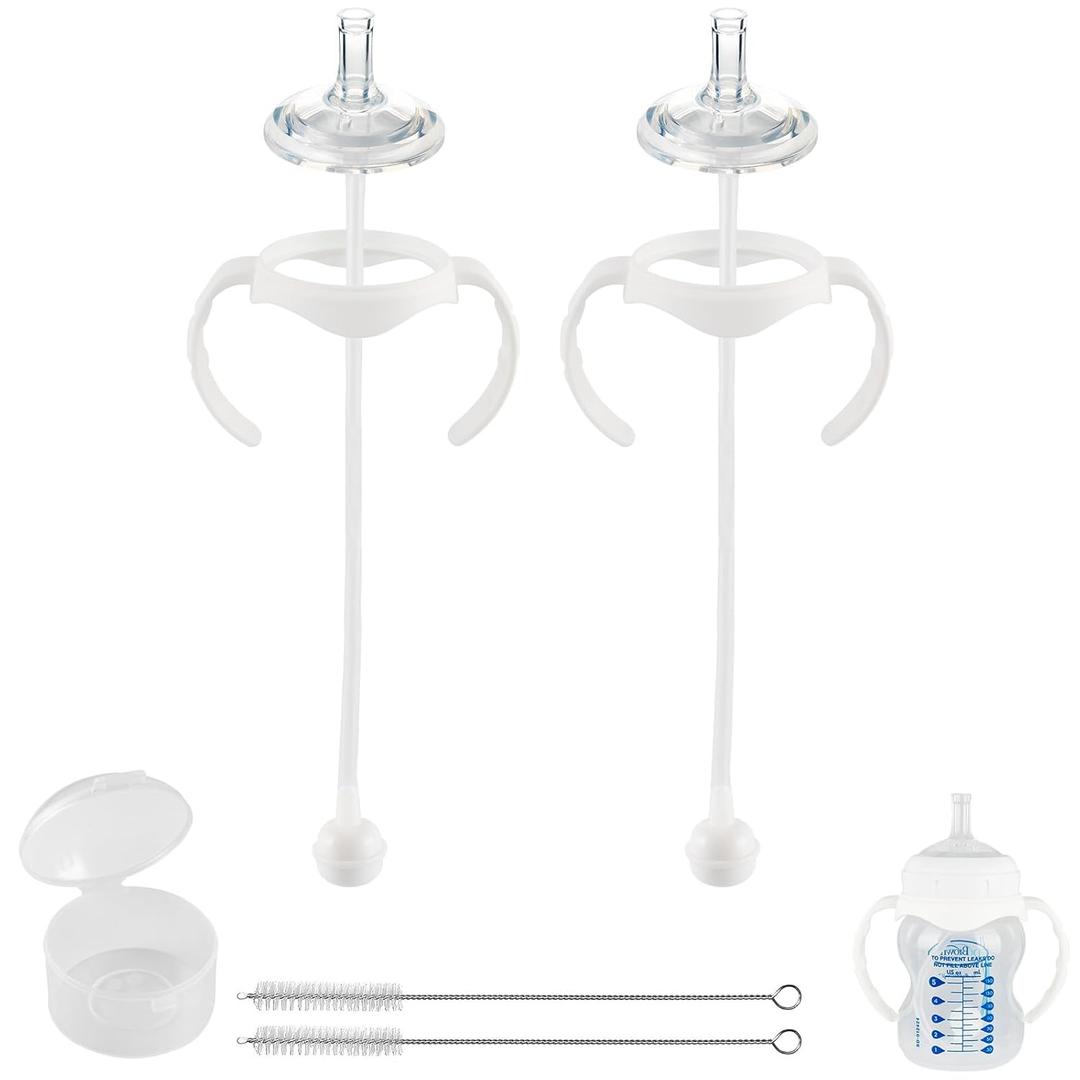 Sippy Straw Cup Conversion Kit for Dr Browns Wide-Neck Baby Bottles, Spill-Proof Transition Kit with Silicone Sippy Nipple, Weighted Straw, Handle, 2 Pack, 8m+