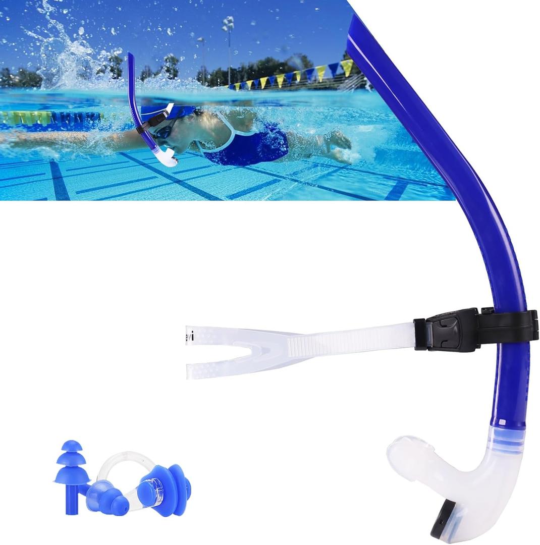 Swim Snorkel for Lap SwimmingNo Loud gurgling Noise No Hurt Forehead No Slip Swimming Snorkeling Training for Adult/Kid/Youth,Swimmer Snorkle Center Mount Snorkel One-Way Purge Valve (B-3rd generation-blue)