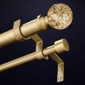 Gold Double Curtain Rods for Windows 120 to 170 Inch, Extra Long Dual Curtain Rod with Decorative Crystal Gold Foil Finial, 1" Adjustable Heavy Duty Vintage Spliced Window Treatment Rods