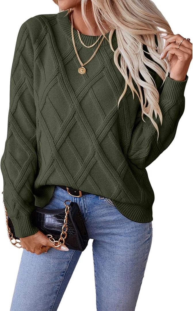 SHEWIN Womens Sweaters Crewneck Cable Knit Sweater Long Sleeve Fall Tops for Women 2025 (Medium, Blackish Green)