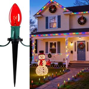 Christmas Pathway Lights Outdoor, 25.7 Feet C9 Lights with 20 Multicolor Bulbs and Stakes, Connectable Outdoor Christmas Decorations Outside Yard Walkway Sidewalk Holiday