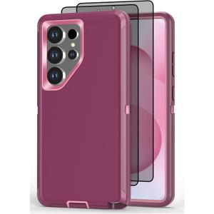 Designed for Samsung Galaxy S24 Ultra Case [with Privacy Screen Protector] 3-Layer Full Body Protection Rugged Shockproof Heavy Duty Phone Case Cover, Purple/Pink