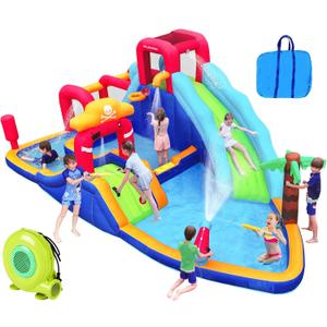 ELEMARA Inflatable Water Slide Bounce House, 10 in 1 Inflatable Water Park with Blower, 2 Slides & 2 Climbing Walls & 2 Water Guns, Deep Pool Giant Splash Pool, Water Slides for Kids Backyard for 6 (Dark Blue)